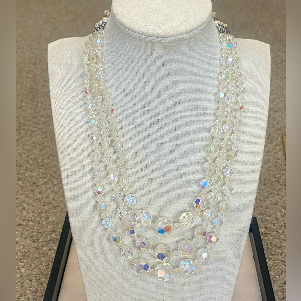 Vintage AB Crystal Triple Strand Necklace